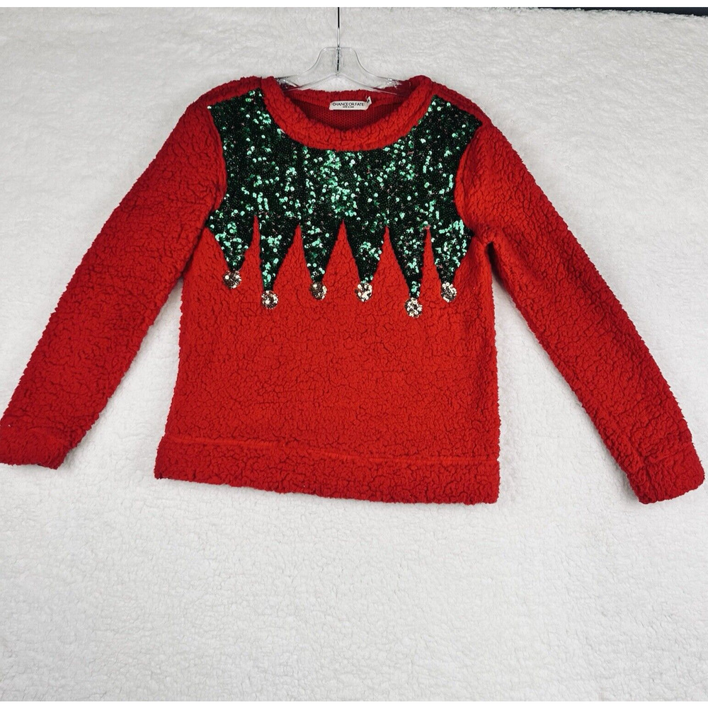 Christmas Sweater Teddy Fleece Sequin Elf Holiday Size Small Red and Green